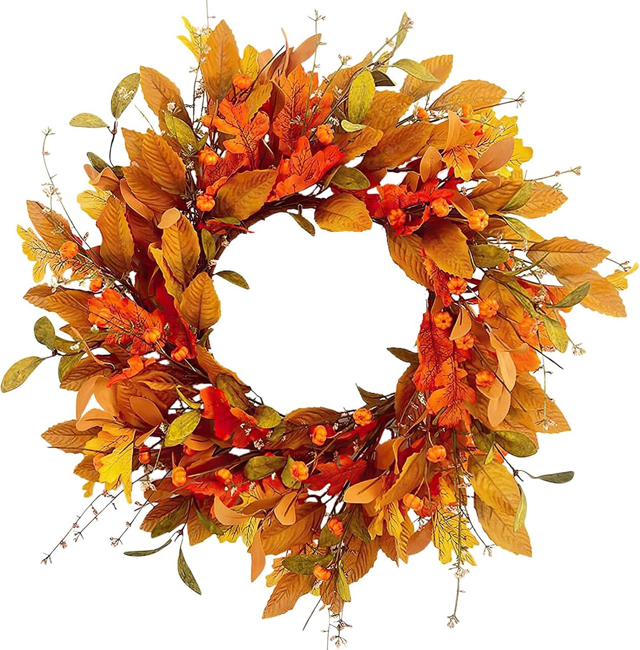 Artificial Orange Autumn Wreath with Pumpkin Berries Eucalyptus Maple Leaf Wreath for Front Door Window Wall Thanksgiving Harvest Festival Decor